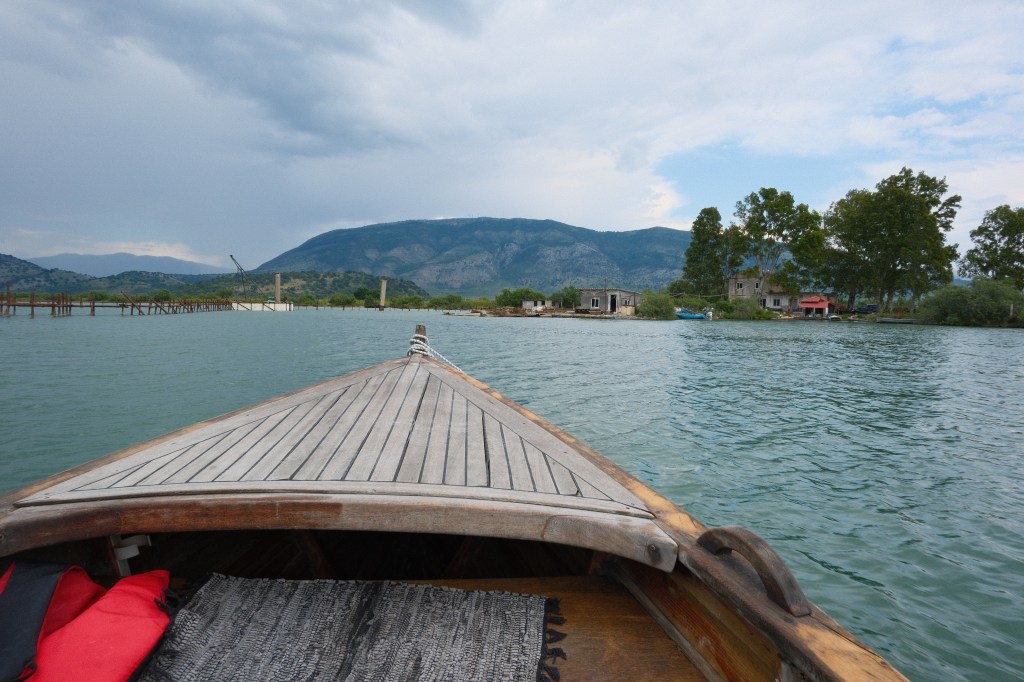 Image of the front of the boat looking over the initial view of Butrint Lake during the tour. 